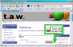 Pantallazo de Firefox indicando la situación de la extensión TAW3: abajo a la derecha.
